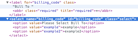 Billing Code display within browser inspector tool Image: Layout of select input html within browser's inspector tool