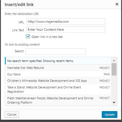 WordPress link options menu WordPress link options menu