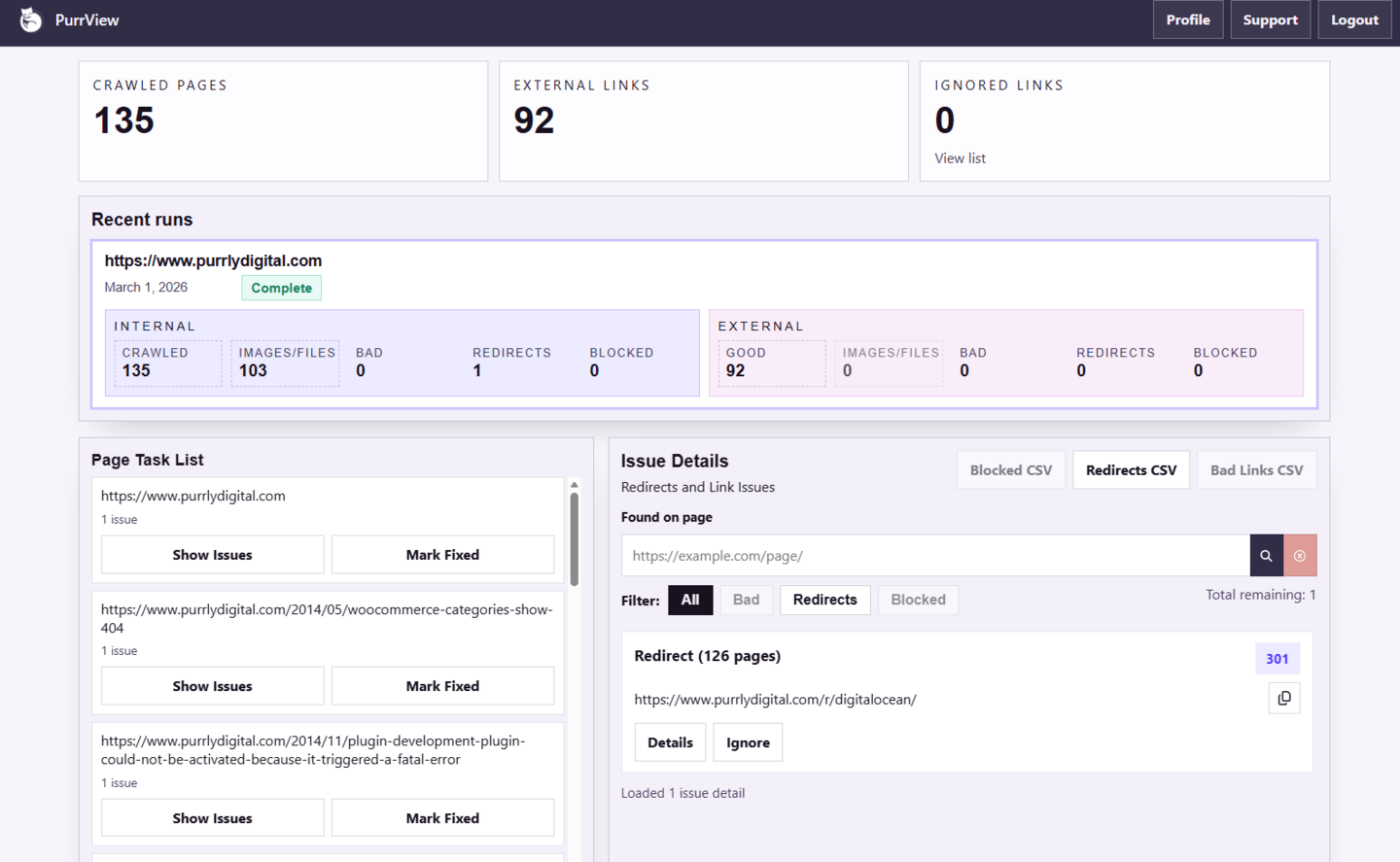 purrview-dashboard-overview-web PurrView dashboard showing recent runs, page task list, and issue details for a completed website scan.