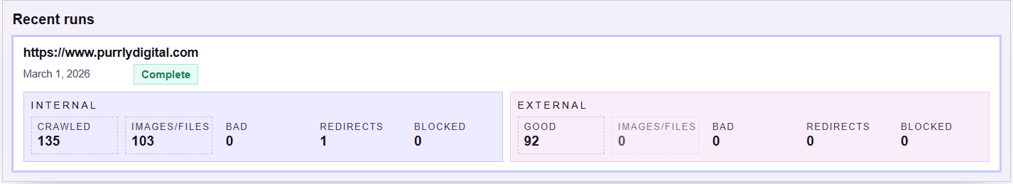 purrview-run-summary-web PurrView recent run summary showing crawl counts and link issue totals for a completed scan.
